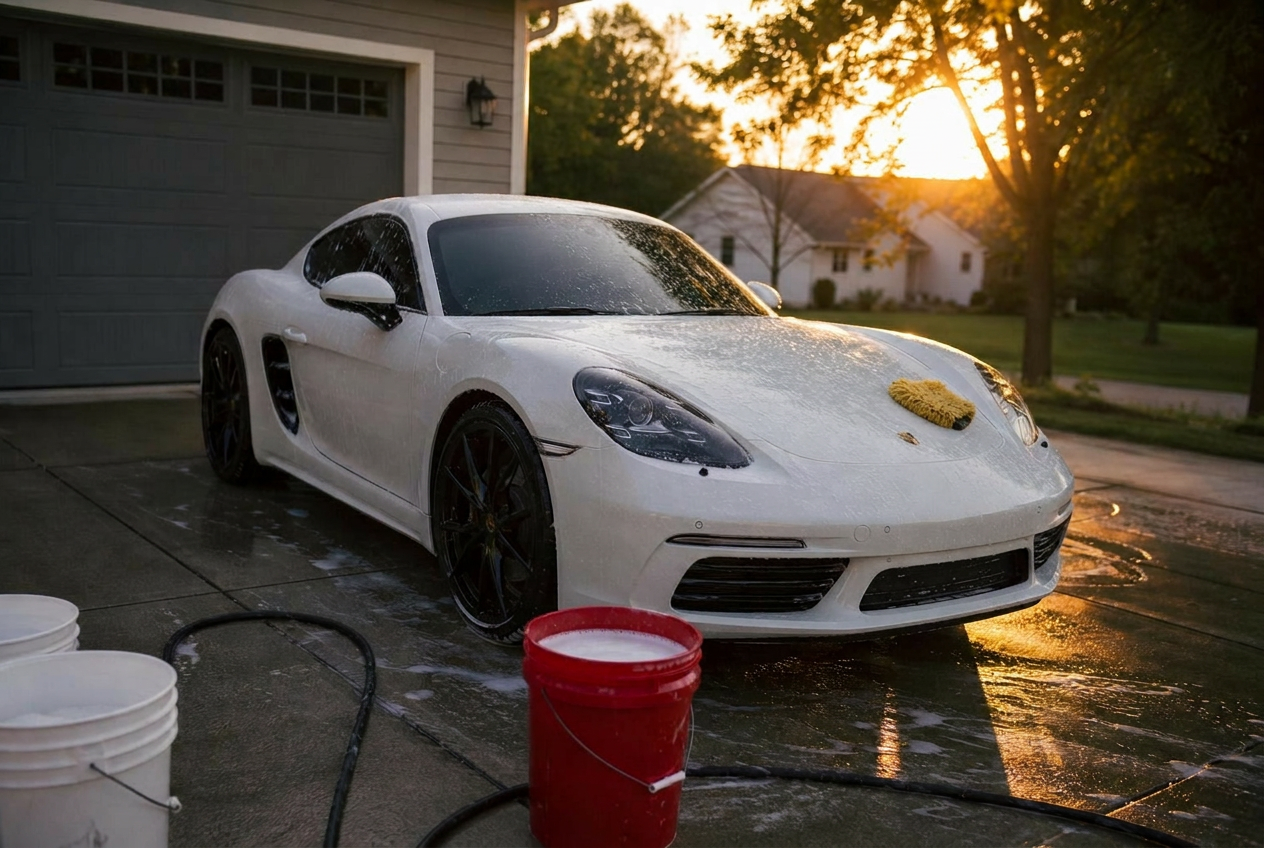 Luxury SUV covered in foam suds during a mobile detailing wash